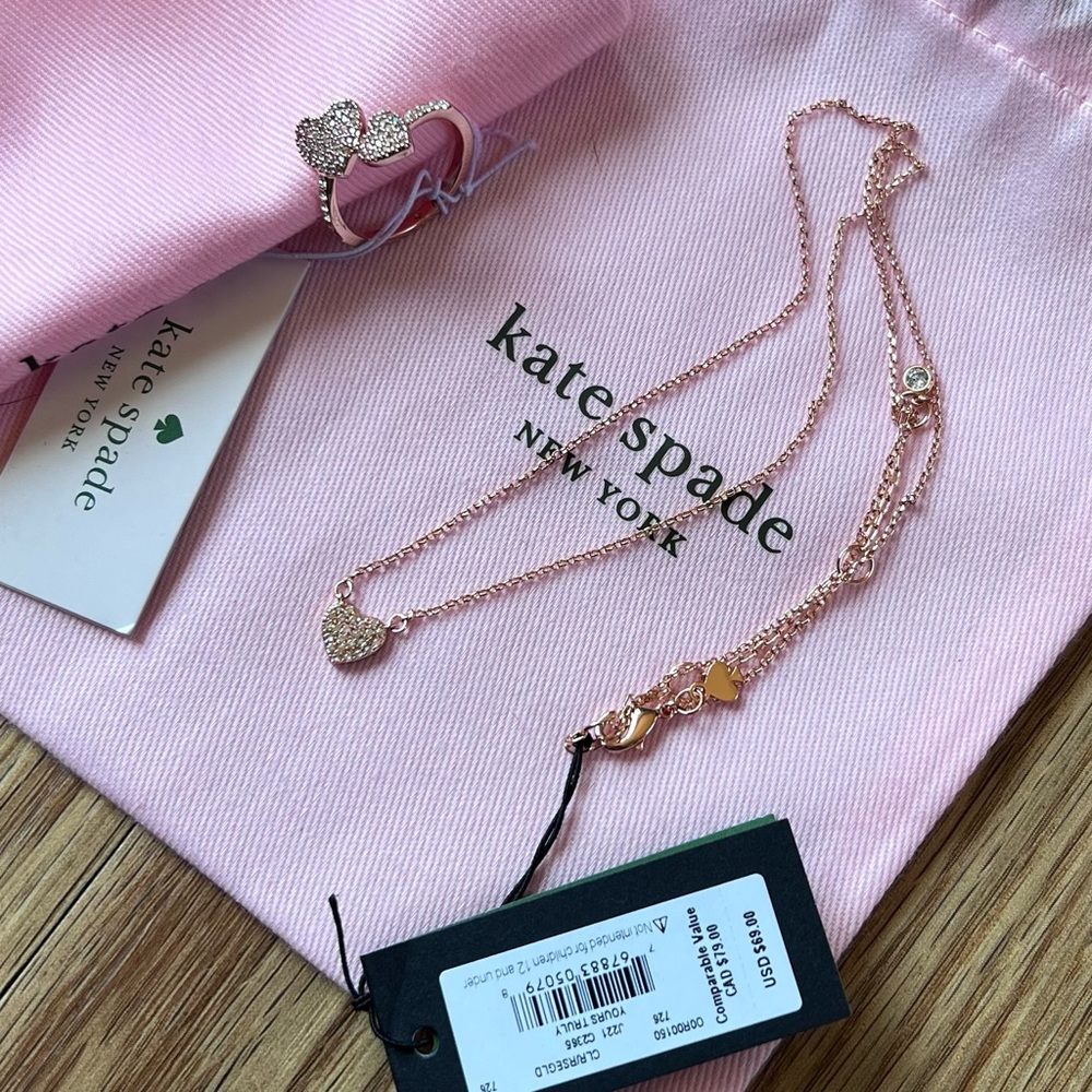 NEW Kate Spade Yours Truly Pave Heart Ring & Mini Pendant Necklace Rose Gold - Picture 2 of 8